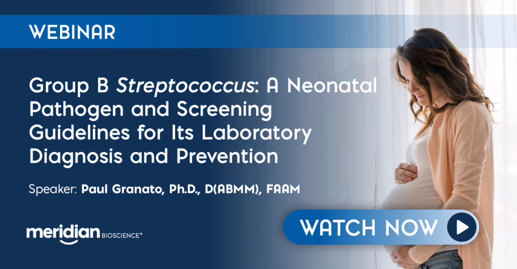 Banner for a webinar on Group B Streptococcus neonatal screening guidelines; shows a pregnant woman on the right and bold white text on a dark blue background.