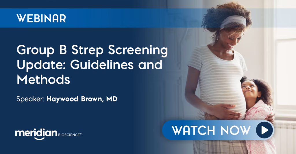 Webinar banner announcing Group B Strep Screening Update with speaker Haywood Brown, MD; shows pregnant woman and child with a WATCH NOW button in blue.
