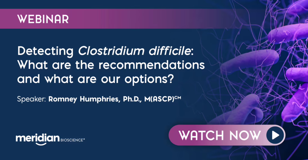 Promo banner for a webinar on detecting Clostridium difficile, with the title and speaker Romney Humphries.