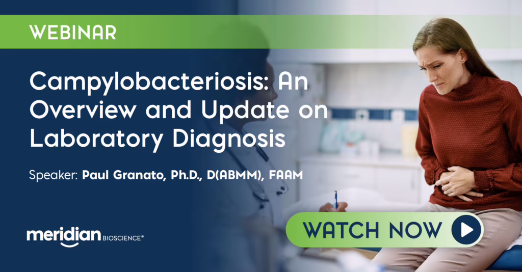 Webinar banner promoting 'Campylobacteriosis: An Overview and Update on Laboratory Diagnosis' with a person on the right and a 'Watch Now' button.
