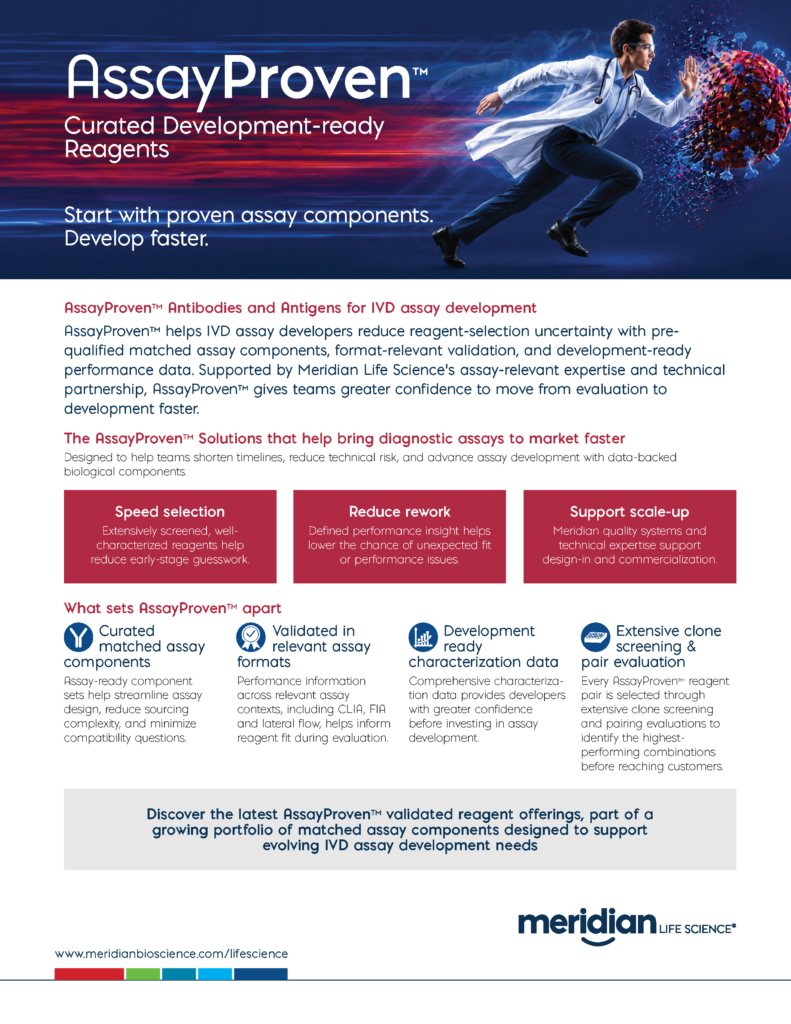 AssayProven hero banner with a doctor sprinting toward a burst of colorful particles and the text “Curated Development-ready Reagents” and “Start with proven assay components. Develop faster.”