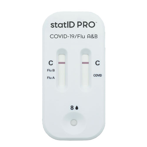 StatID Pro rapid test cassette for COVID-19/Flu A&B, showing two control lines (C) indicating results on both test strips.