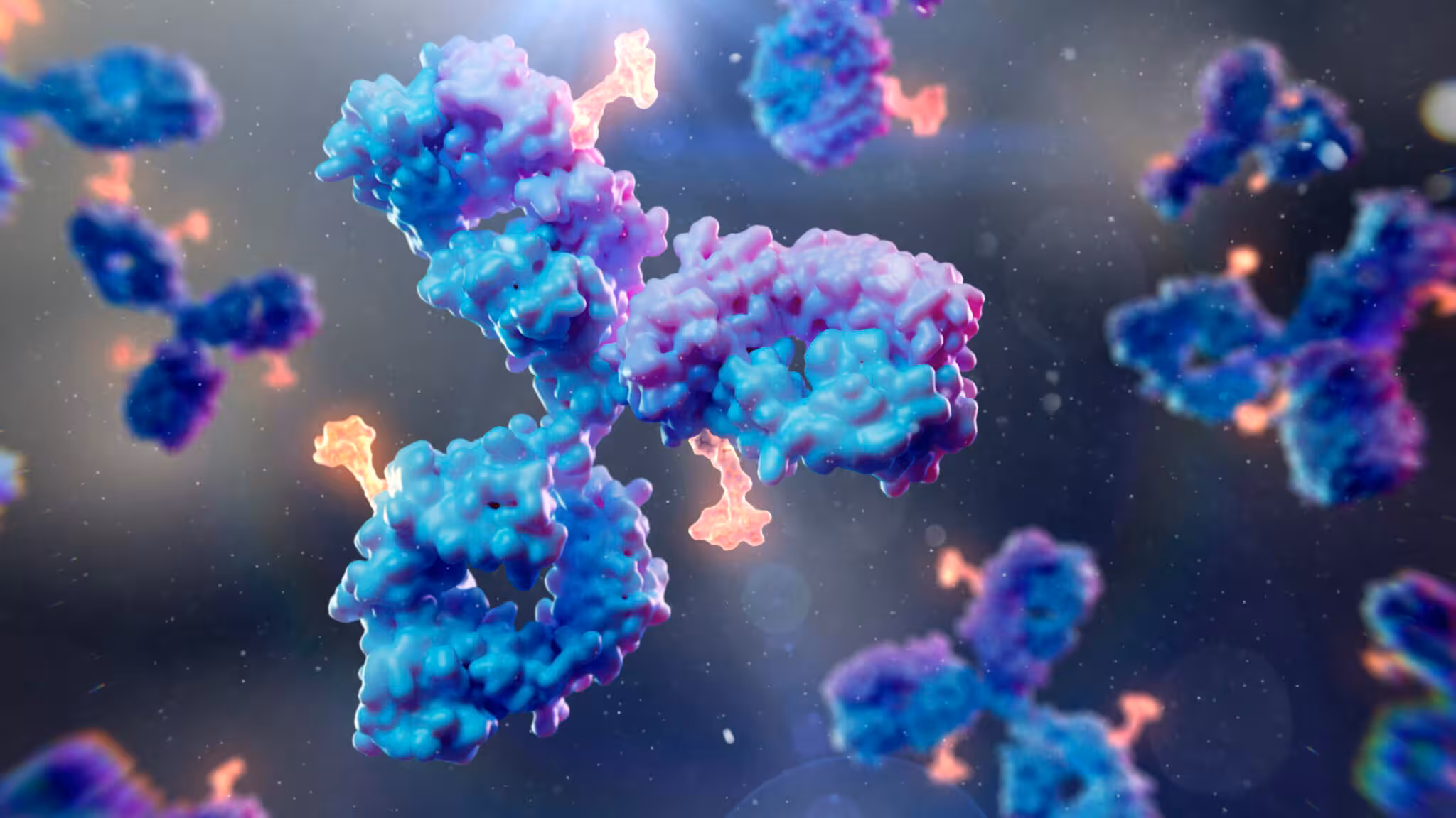 Abstract 3D rendering of colorful protein‑like molecular clusters in blue, purple, and pink drifting in a dark background