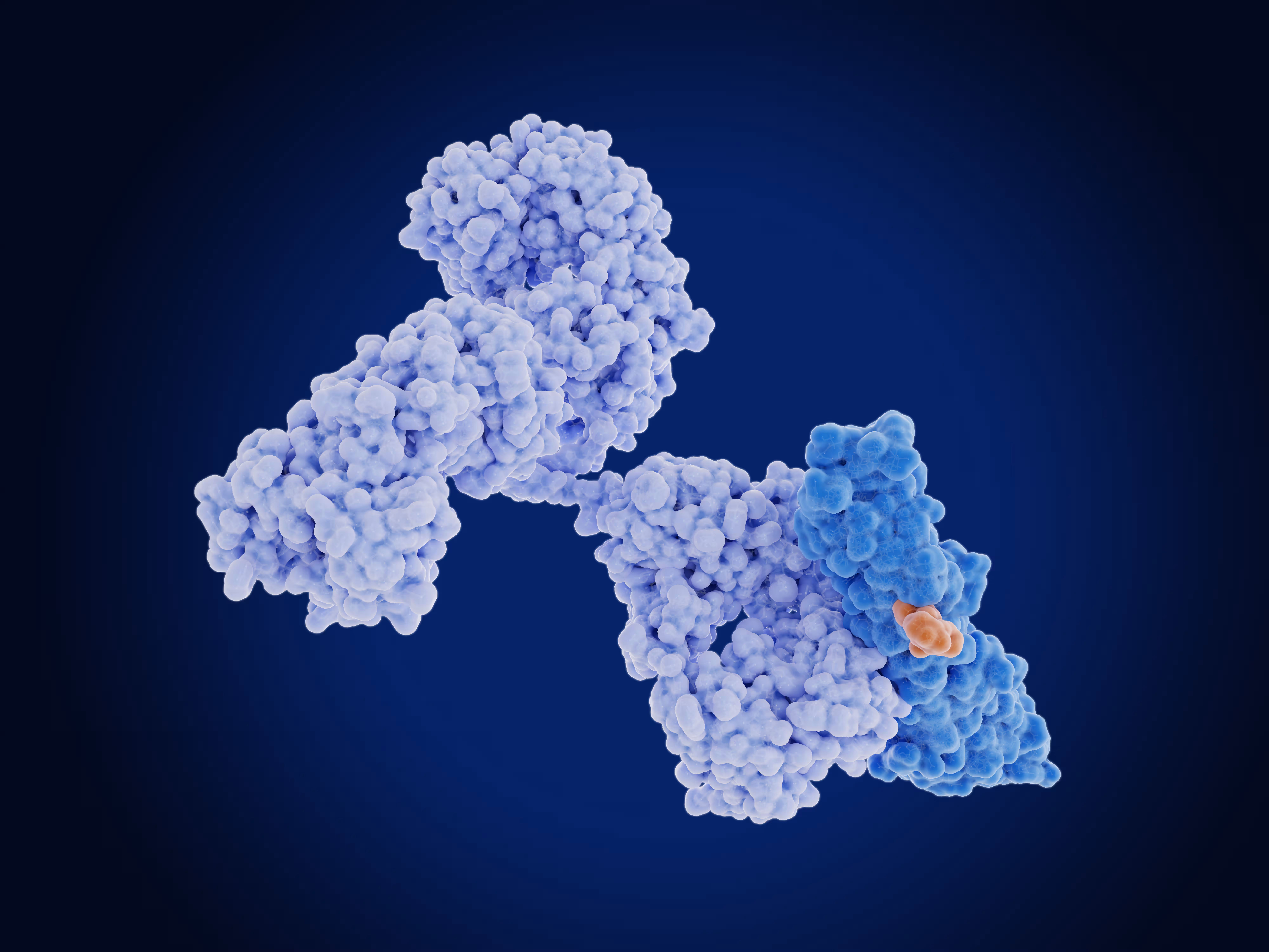 Blue and purple 3D protein complex against a dark blue gradient background, showing clustered spherical subunits.