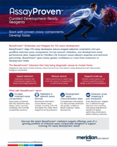 Banner for AssayProven: a scientist in a white coat runs toward a burst of red and blue particles against a blue background, with the slogan 'Start with proven assay components.'
