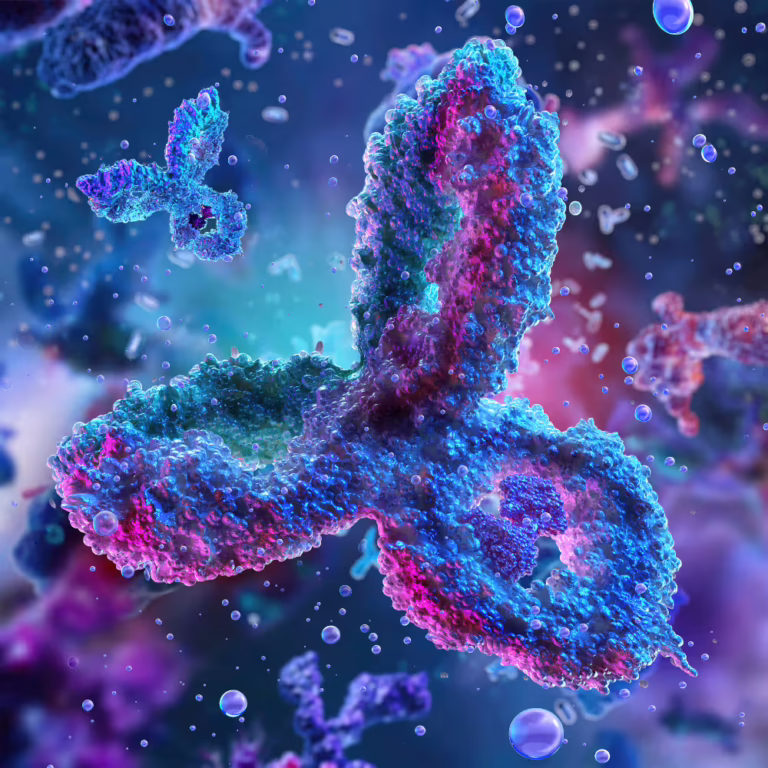 3D rendering of a glowing Y-shaped protein structure in blue and magenta with surrounding small particles, in a microscopic scene.