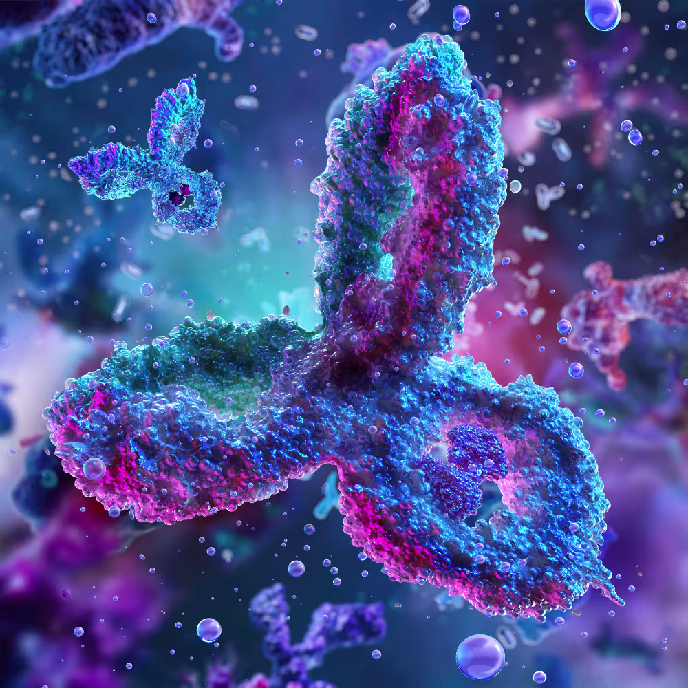 3D rendering of a glowing Y-shaped protein structure in blue and magenta with surrounding small particles, in a microscopic scene.