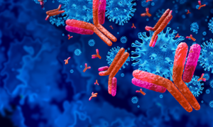 Close-up illustration of orange antibodies binding to blue virus particles in a laboratory-like scene.