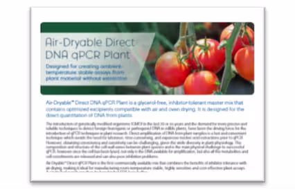 Infographic slide titled 'Air-Dryable Direct DNA qPCR Plant' with a tomato plant on the right and dense explanatory text blocks.