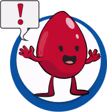 Cartoon anthropomorphic blood drop inside a blue ring, waving, with a speech bubble showing an exclamation mark.