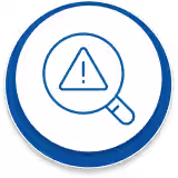 Search alert: magnifying glass surrounding a warning triangle inside a circular badge