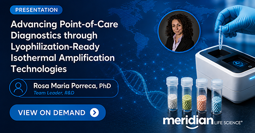 Presentation banner for point-of-care diagnostics using lyophilization-ready isothermal amplification, featuring Rosa Maria Porreca, PhD.