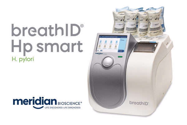 BreathID HP Smart medical device with reagent bags and Meridian Bioscience branding, used to test for Helicobacter pylori infection.