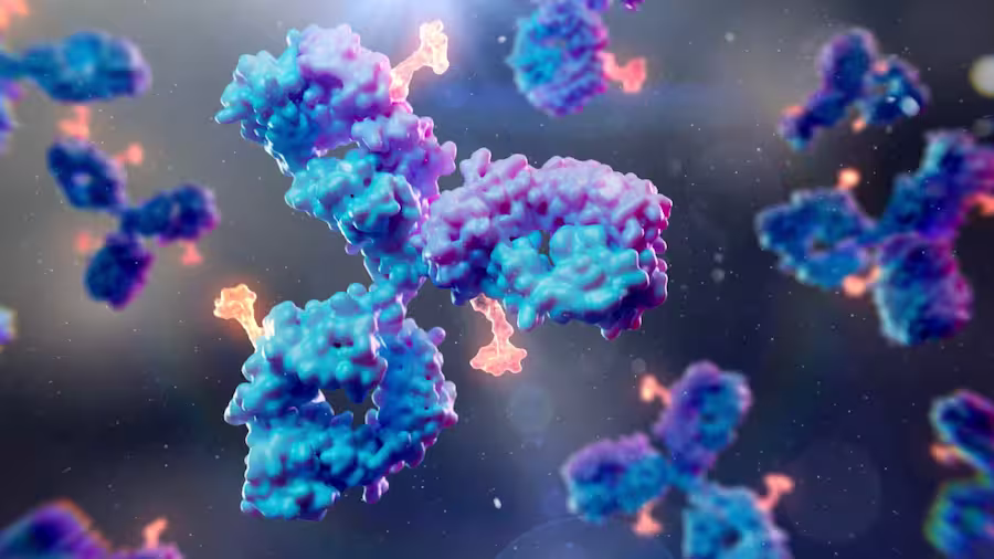 Colorful 3D illustration of antibody proteins (blue and purple) with pink binding sites drifting in a dark background in a scientific context.