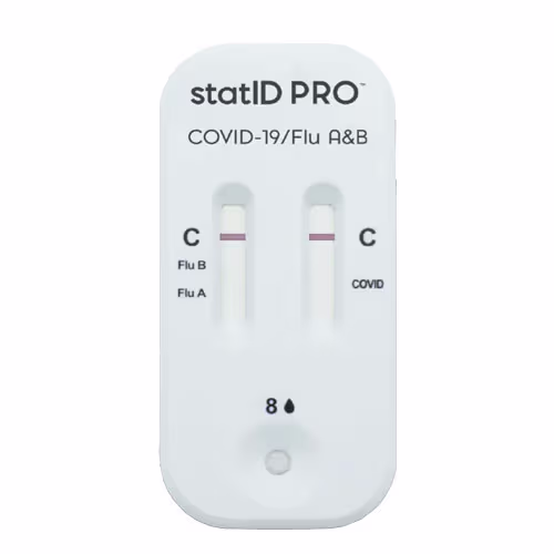 Rapid point-of-care test card labeled 'statID PRO COVID-19/Flu A&B' with two test strips showing control lines (C) and test lines, indicating the results for Flu A, Flu B, and COVID-19.